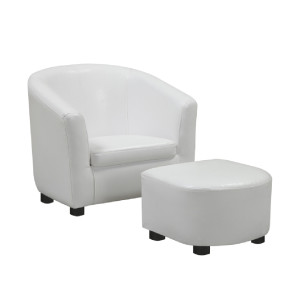 Monarch Kids' Upholstered Leather-Look Barrel Club Chair with Matching Ottoman - White