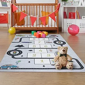 Ottomanson Machine Washable Wrinkle Free Hopscotch Design Cotton 5x7 Kid's Area Rug for Playroom