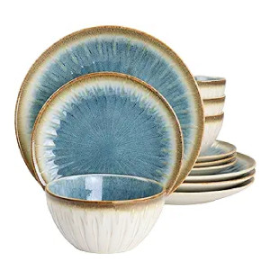 Bay 12 Piece Stoneware Dinnerware Set in Blue Textured Traditional Round Dishwasher Safe