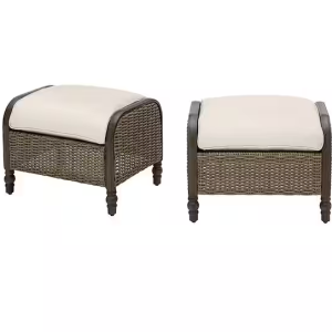 Windsor Brown Wicker Outdoor Patio Ottoman with CushionGuard Almond Tan Cushions (2-Pack)