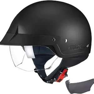 GLX M14 Cruiser Scooter Motorcycle Half Helmet with Free Tinted Retractable Visor DOT Approved (Matte Black, Medium)